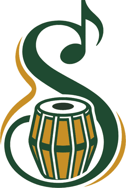 SwaraBols symbol: an S flowing into a music note around a Tabla